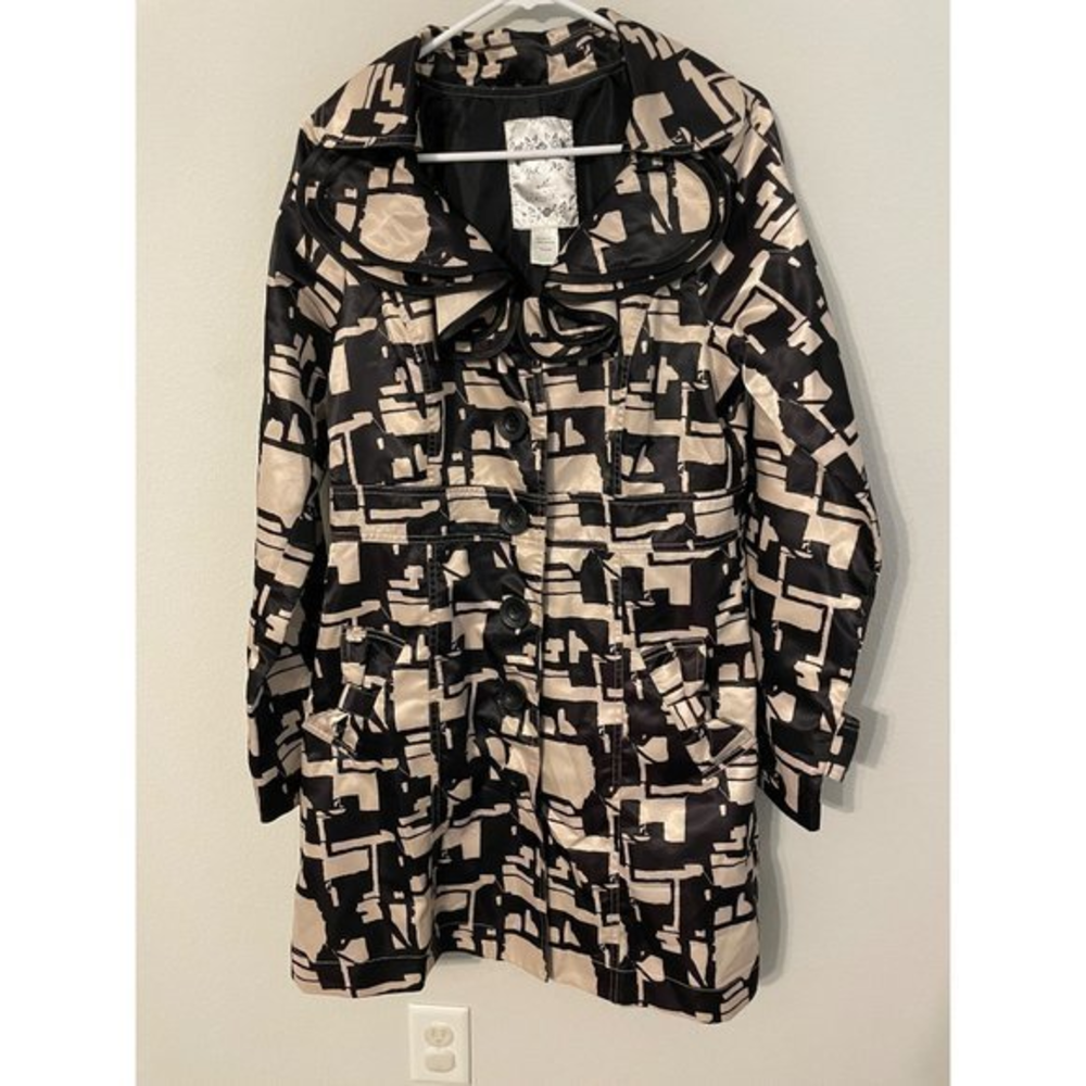 Nick & Mo Nordstrom Ruffle‎ Collar Bow Pocket Patterned Trench Coat Size Large